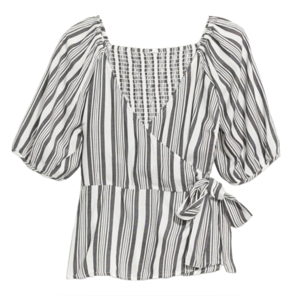 Old Navy Puff-Sleeve Smocked Black/White Striped Wrap Effect Blouse